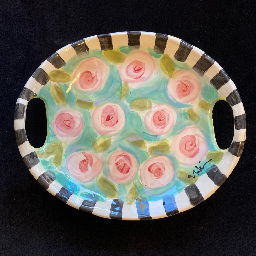 Handmade Ceramic Serving Tray w/ Handles “Peonies On Mint Design 11”x9.5”